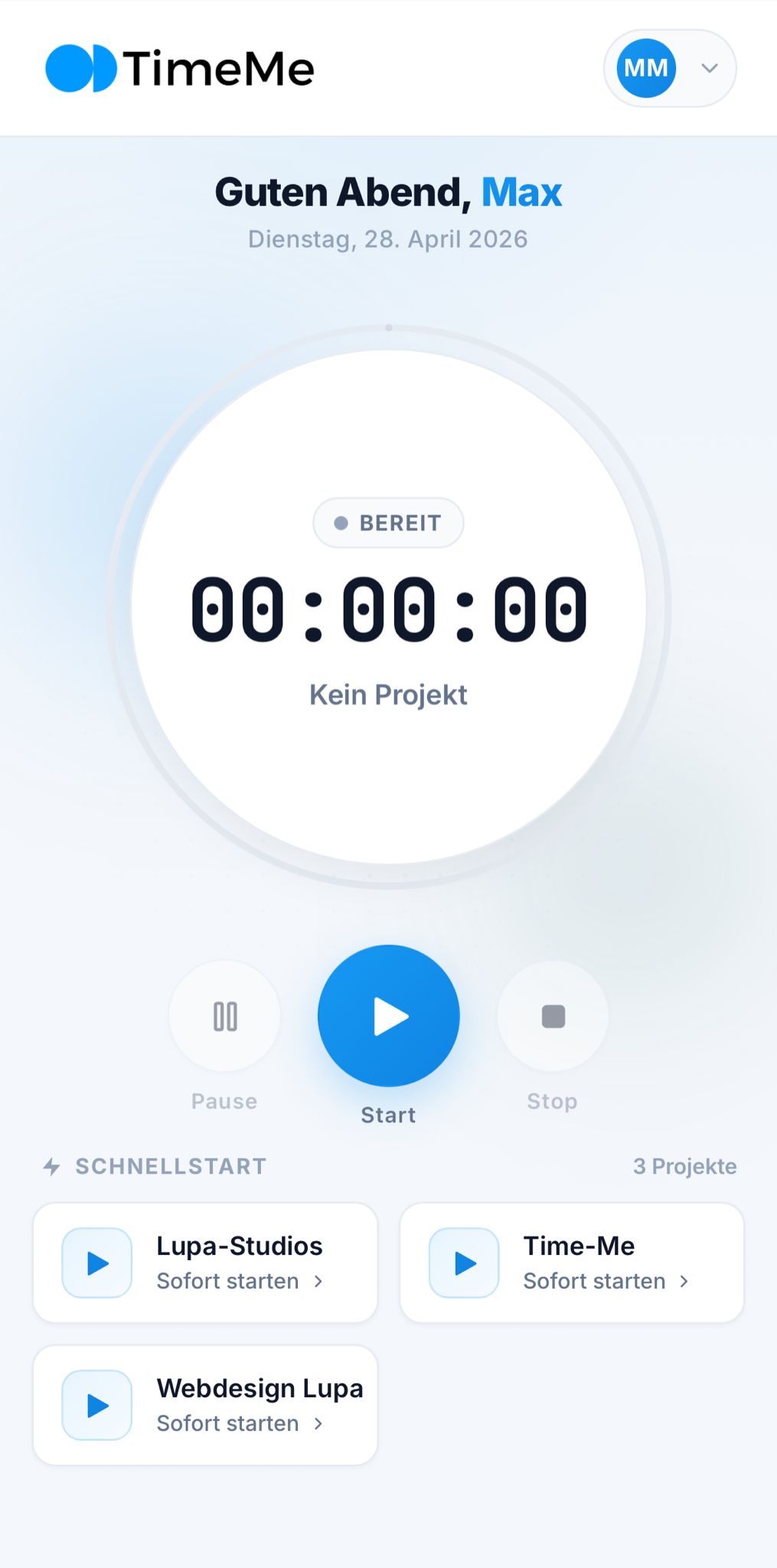 Time-Me App – Dashboard